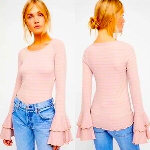 NWOT Free People We The Free Good Finds Pink & Orange Striped Ruffle- Sleeve Top